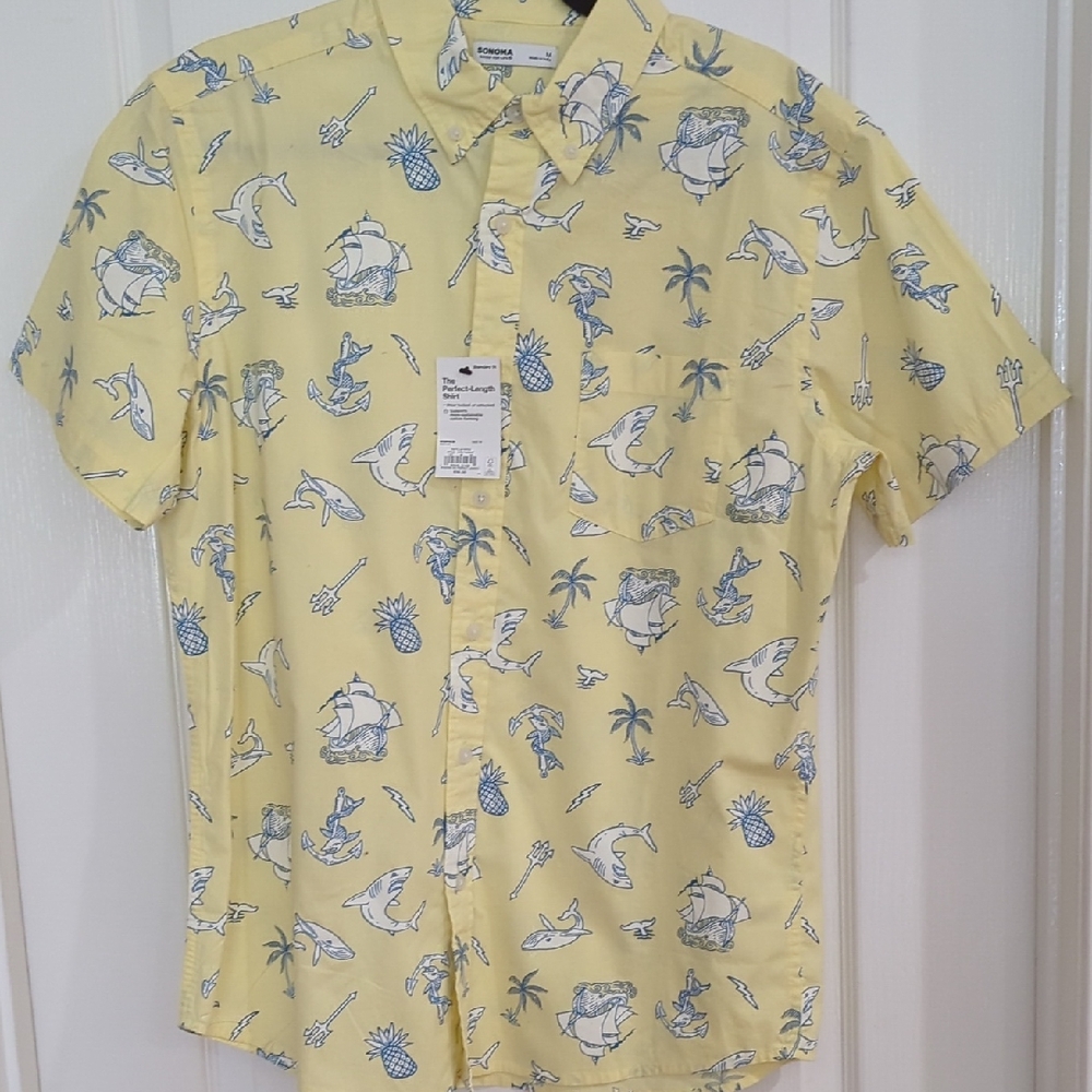 Sonoma Yellow Short-Sleeve Tropical Print Button-Down Shirt